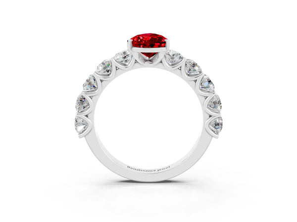 Platinum Pear Cut Ruby Prong Setting with Side Stones on a Pave Band