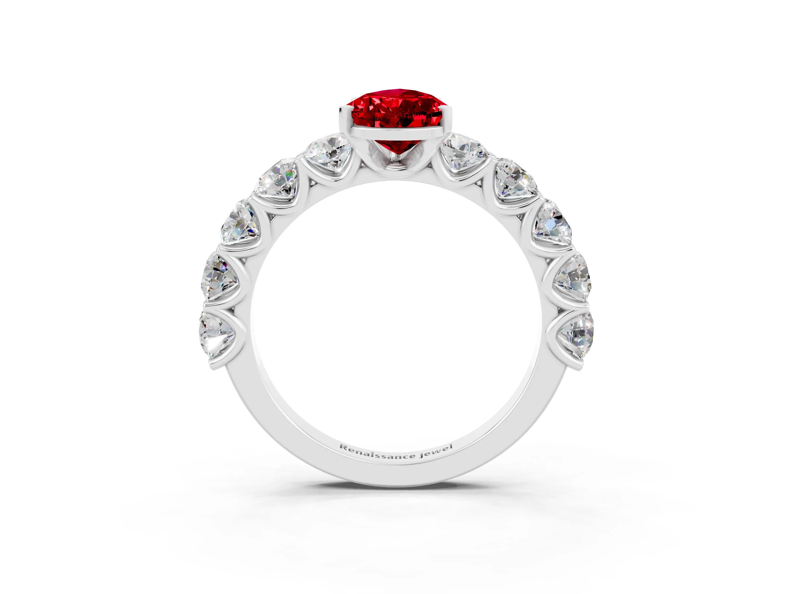 White gold Pear Cut Ruby Prong Setting with Side Stones on a Pave Band_3