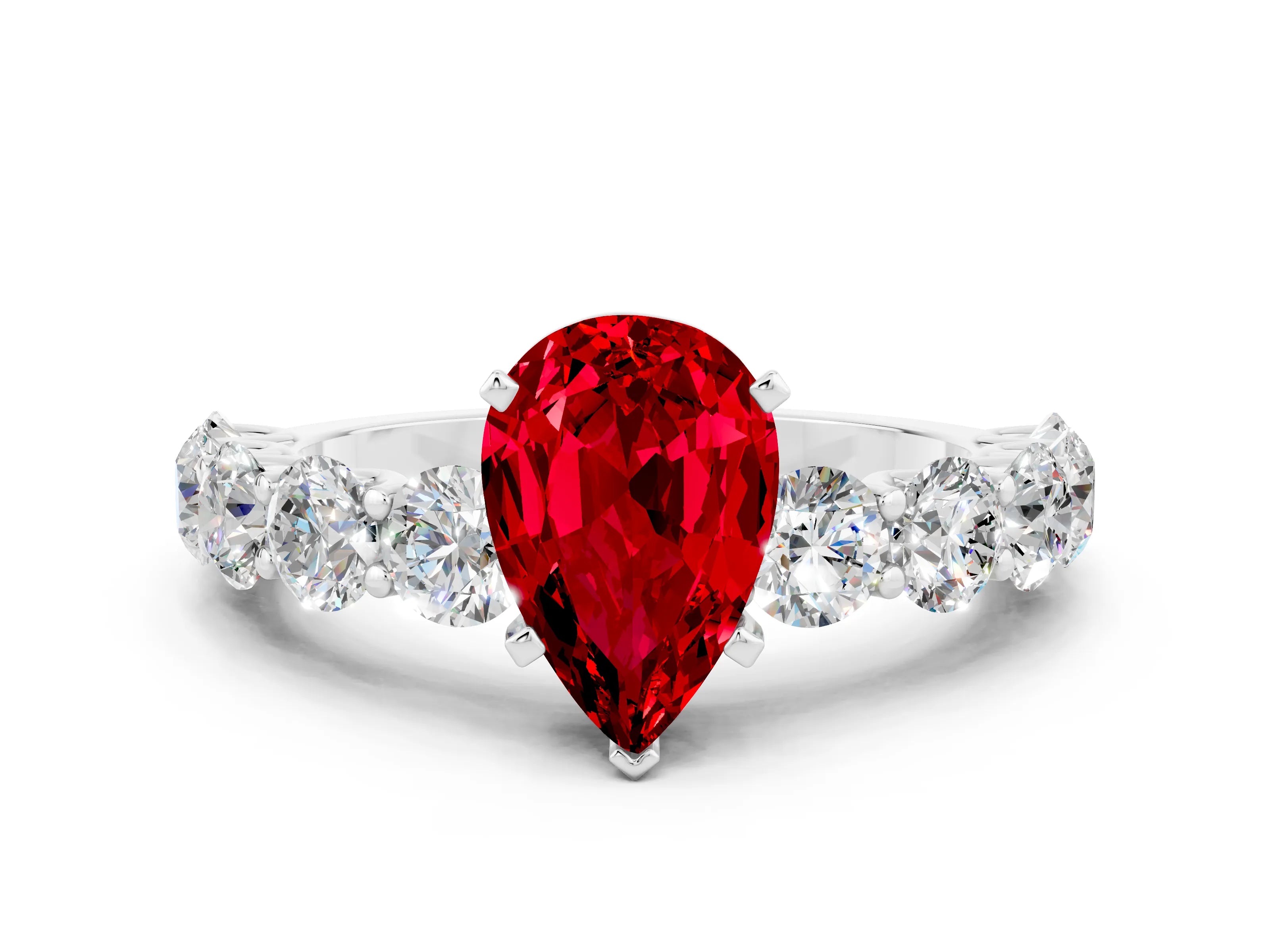 White gold Pear Cut Ruby Prong Setting with Side Stones on a Pave Band