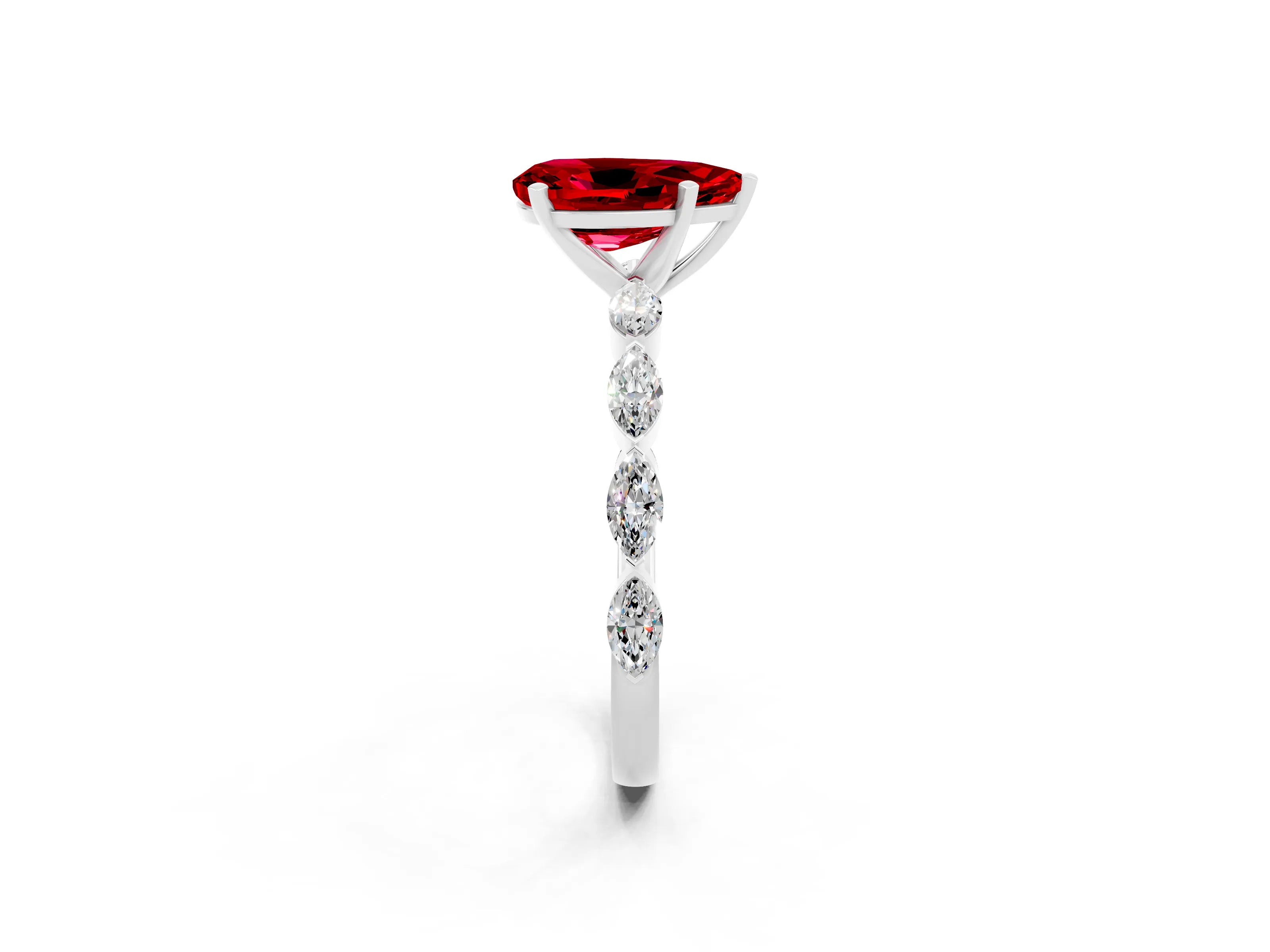 White gold Pear Cut Ruby Ring with Marquise Side Stones and Prong Setting_2