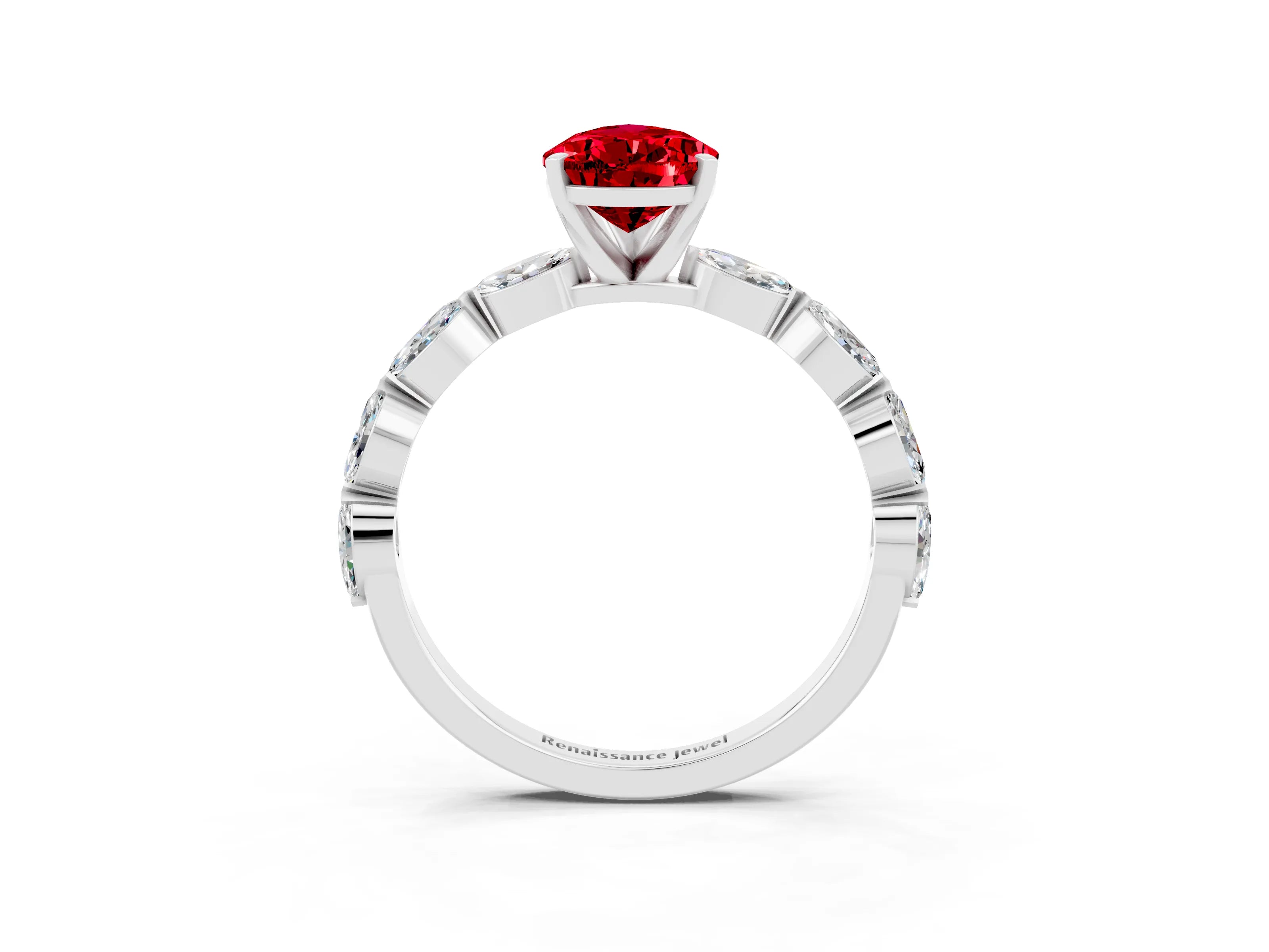 White gold Pear Cut Ruby Ring with Marquise Side Stones and Prong Setting_3