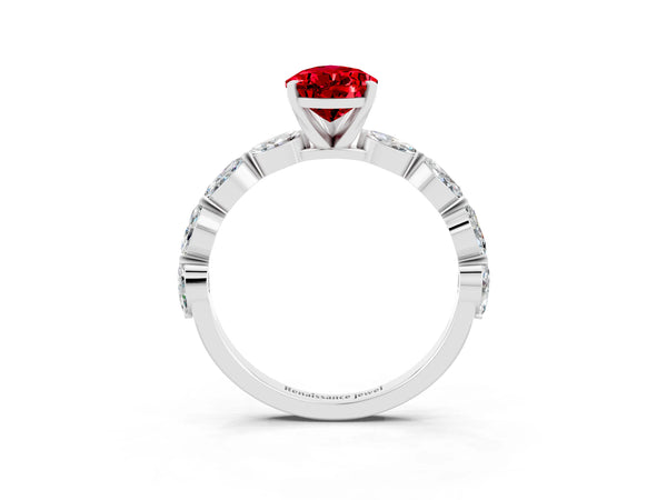 Platinum Pear Cut Ruby Ring with Marquise Side Stones and Prong Setting