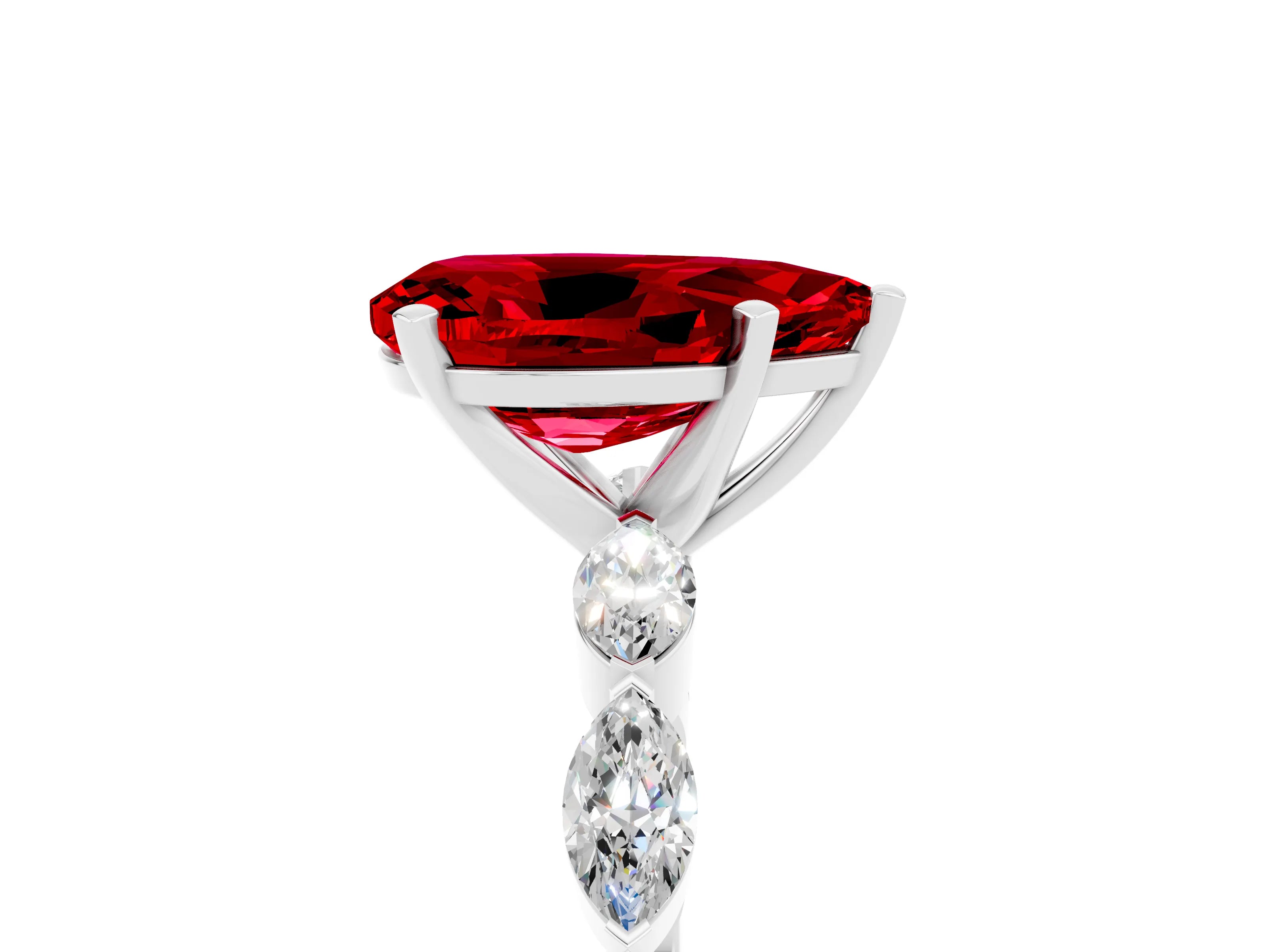 White gold Pear Cut Ruby Ring with Marquise Side Stones and Prong Setting_5