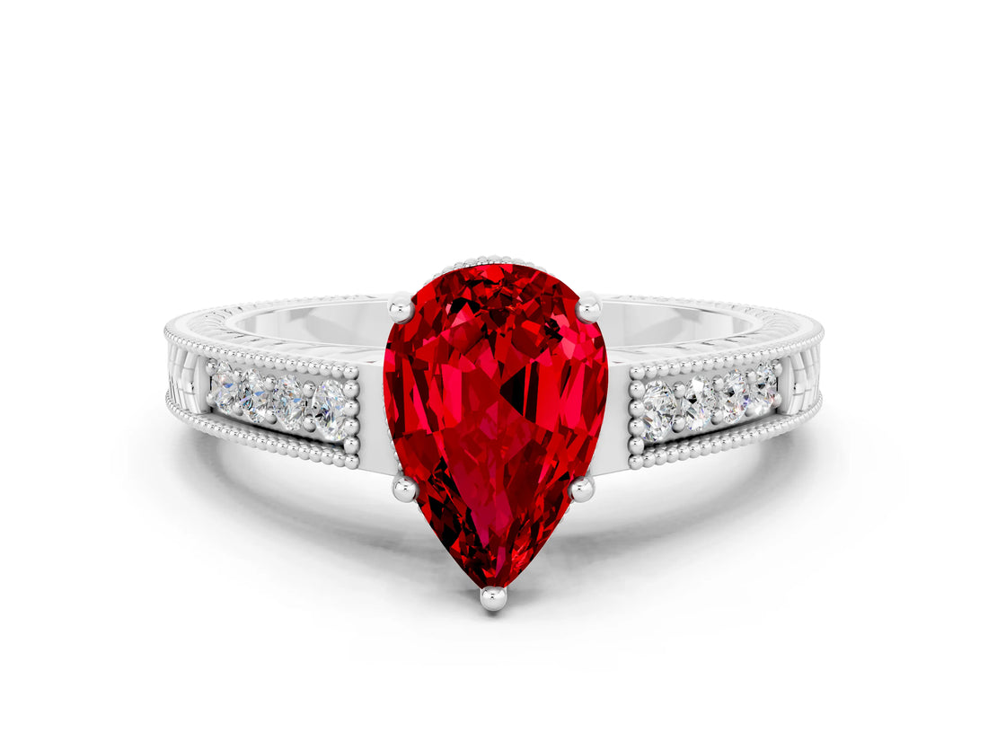 White gold Pear Cut Ruby Ring with Milgrain Pavé Band and Four-Prong Setting_12