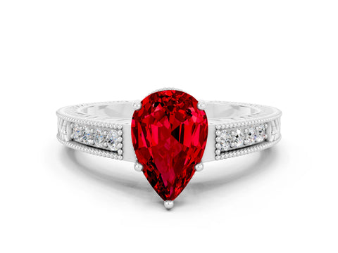 White gold Pear Cut Ruby Ring with Milgrain Pavé Band and Four-Prong Setting_12