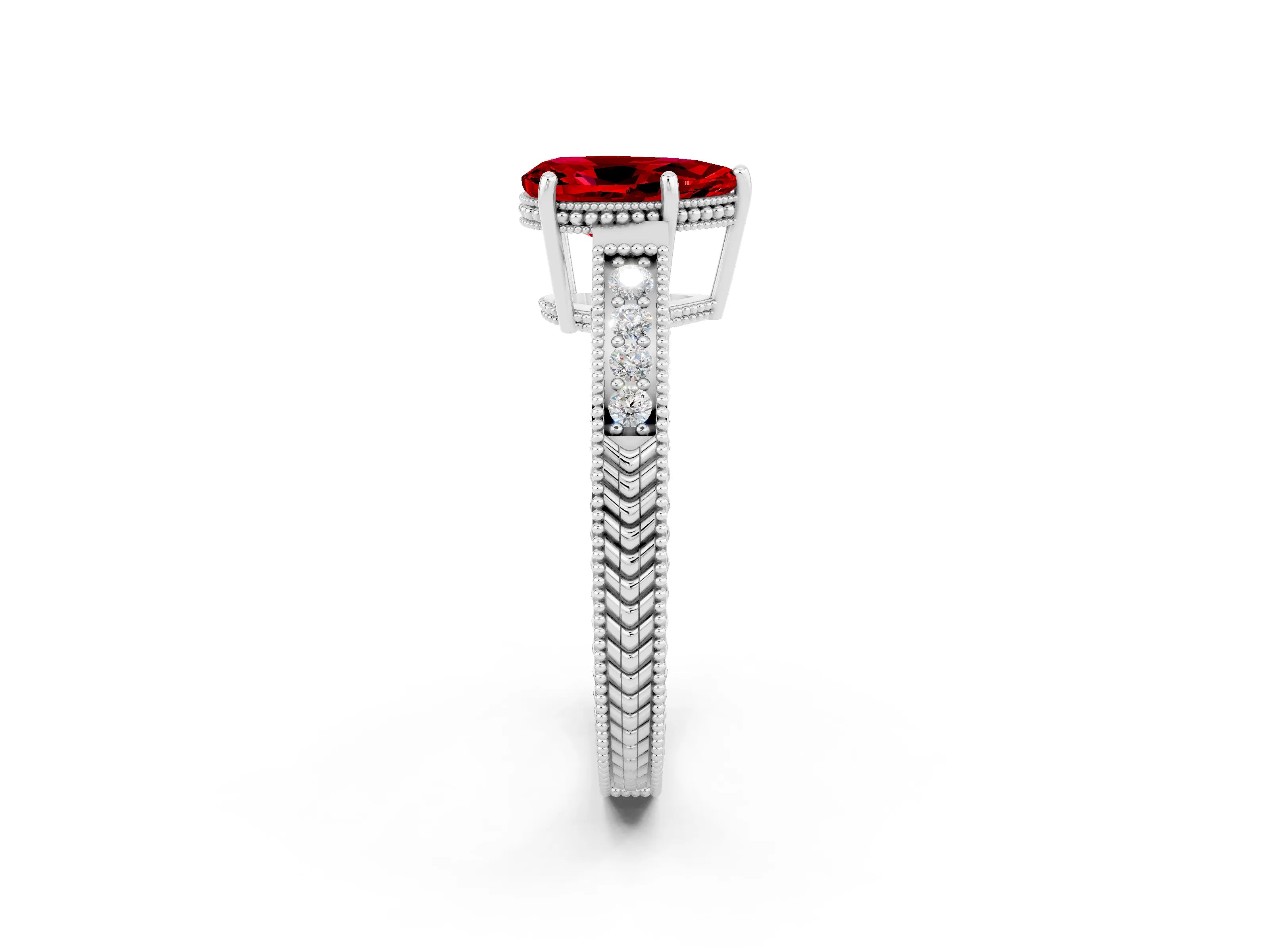 White gold Pear Cut Ruby Ring with Milgrain Pavé Band and Four-Prong Setting_14