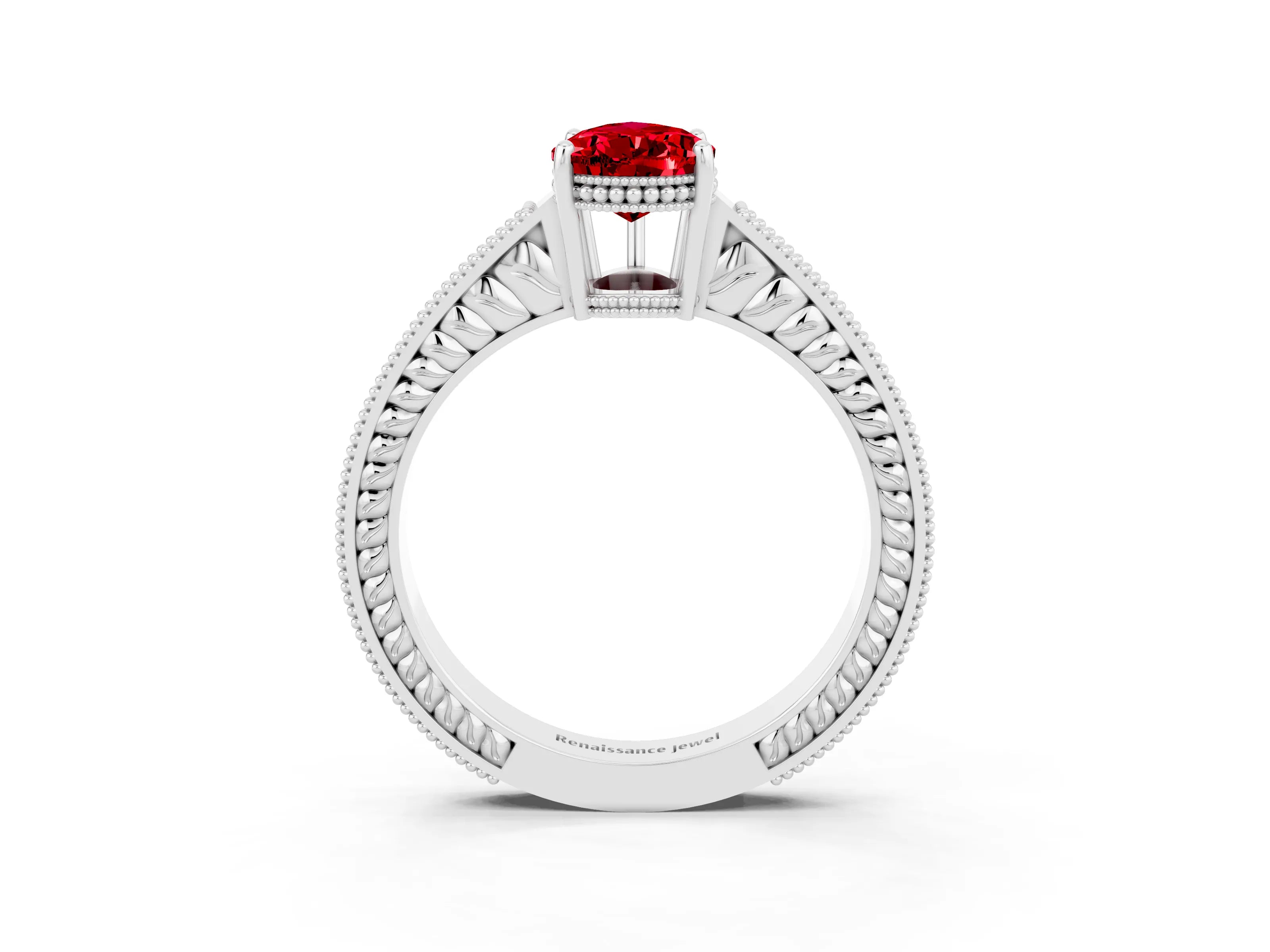 White gold Pear Cut Ruby Ring with Milgrain Pavé Band and Four-Prong Setting_15
