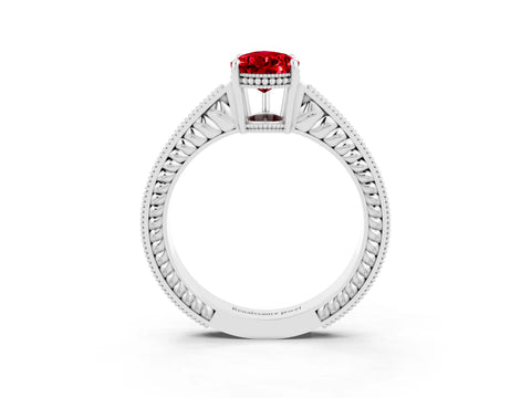 White gold Pear Cut Ruby Ring with Milgrain Pavé Band and Four-Prong Setting_15