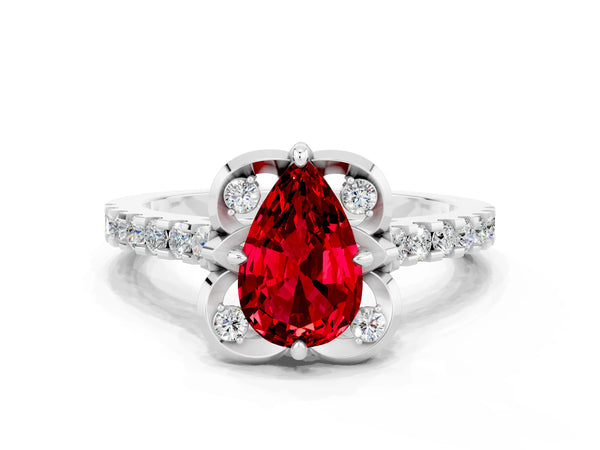 Platinum Pear Cut Ruby Ring with Pavé Band and Floral Prong Setting