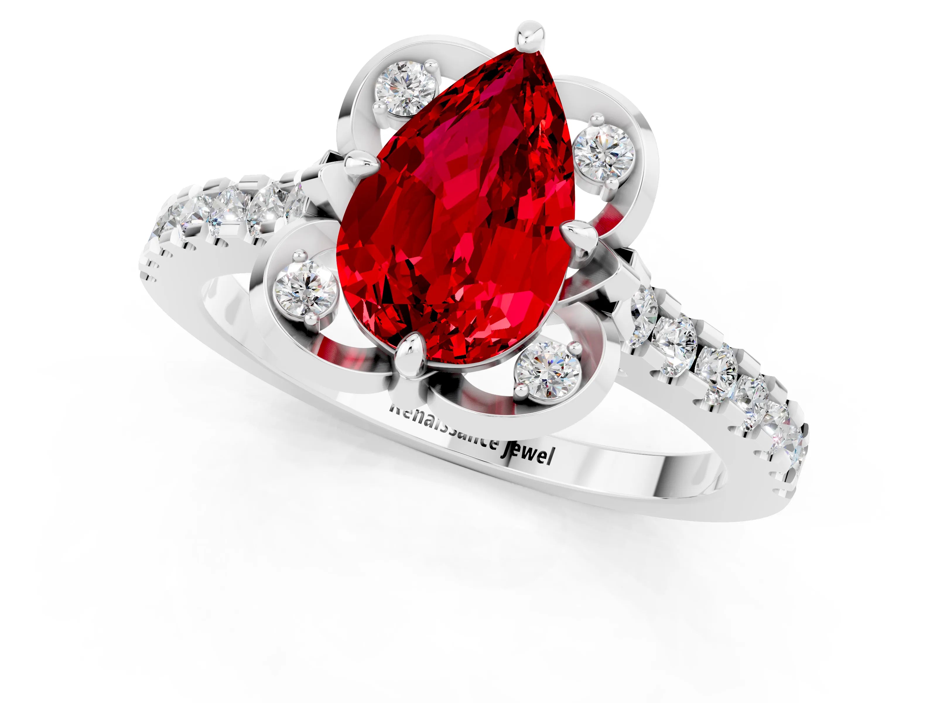 White gold Pear Cut Ruby Ring with Pavé Band and Floral Prong Setting_1