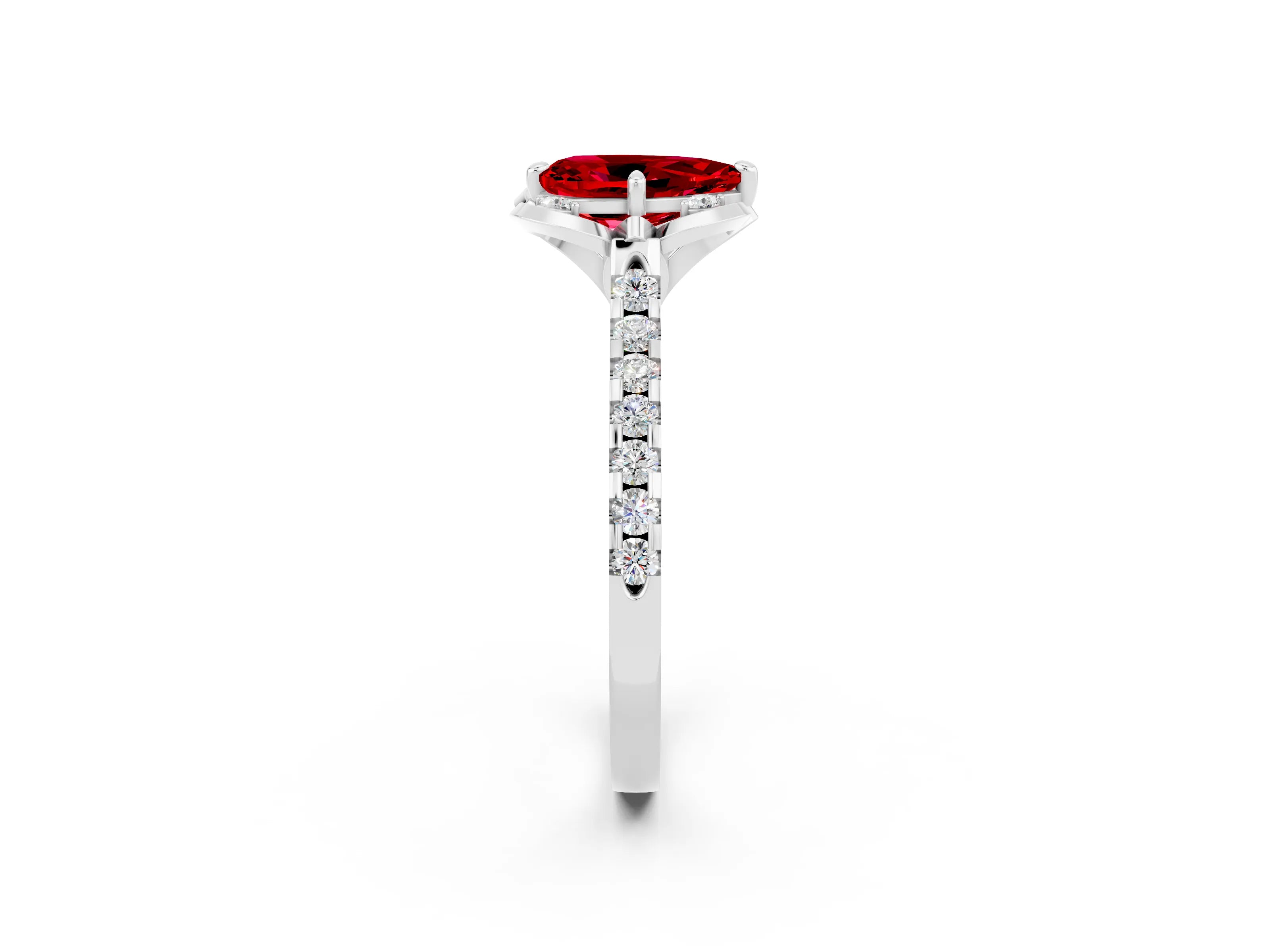 White gold Pear Cut Ruby Ring with Pavé Band and Floral Prong Setting_2