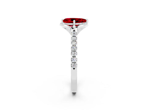 White gold Pear Cut Ruby Ring with Pavé Band and Floral Prong Setting_2