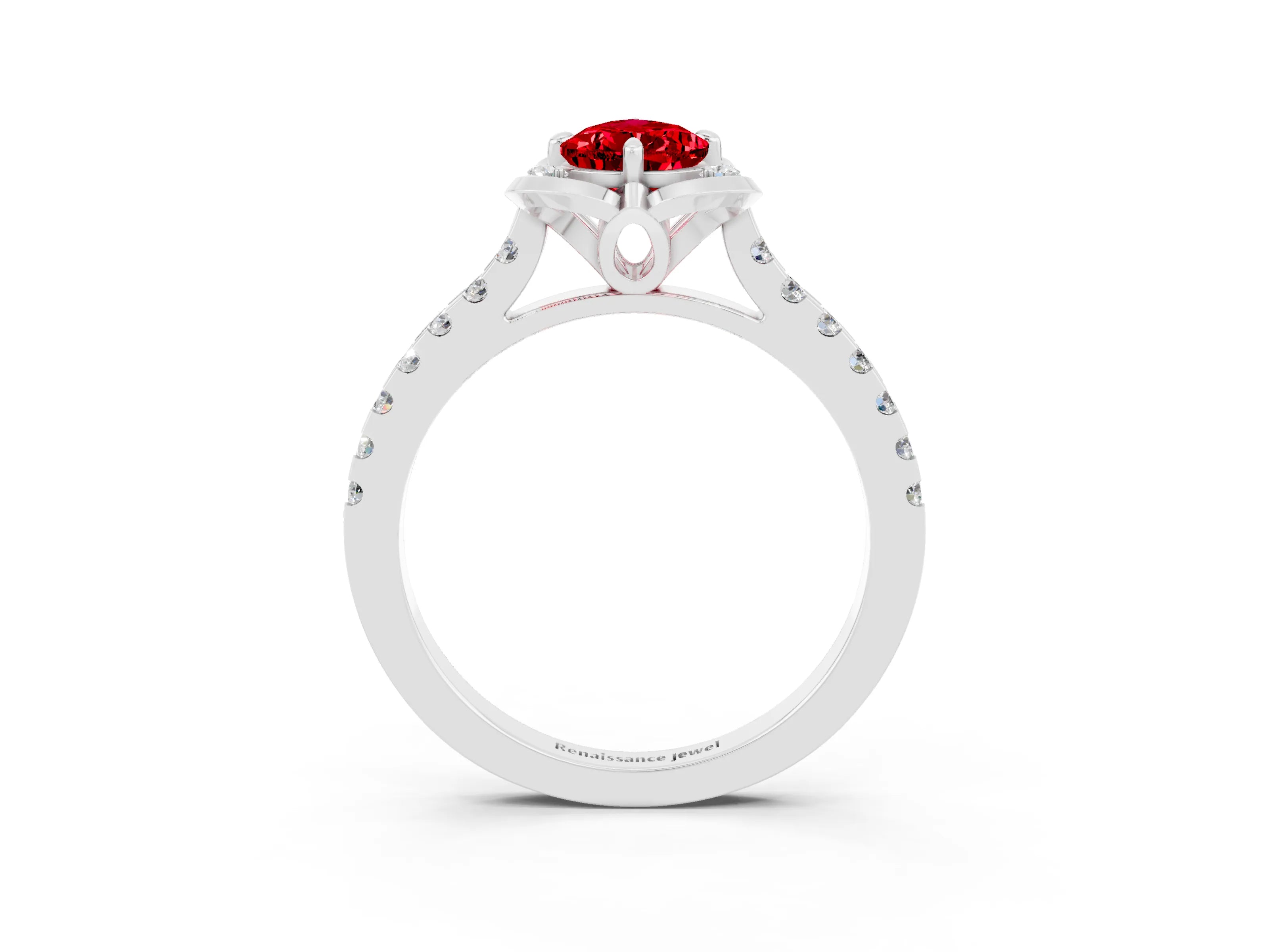 White gold Pear Cut Ruby Ring with Pavé Band and Floral Prong Setting_3