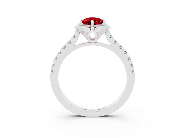 Platinum Pear Cut Ruby Ring with Pavé Band and Floral Prong Setting