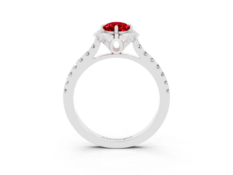 White gold Pear Cut Ruby Ring with Pavé Band and Floral Prong Setting_3