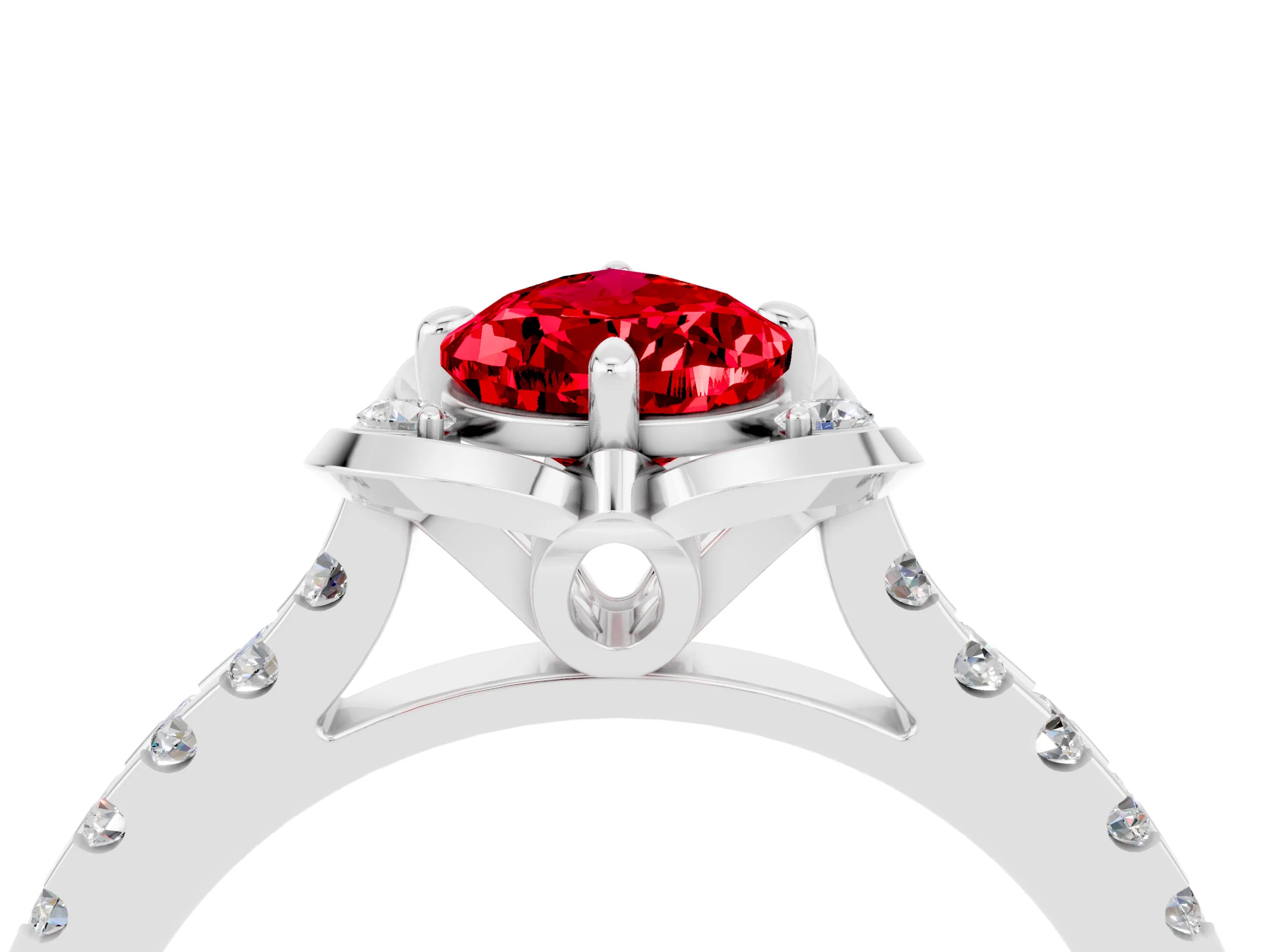 White gold Pear Cut Ruby Ring with Pavé Band and Floral Prong Setting_4