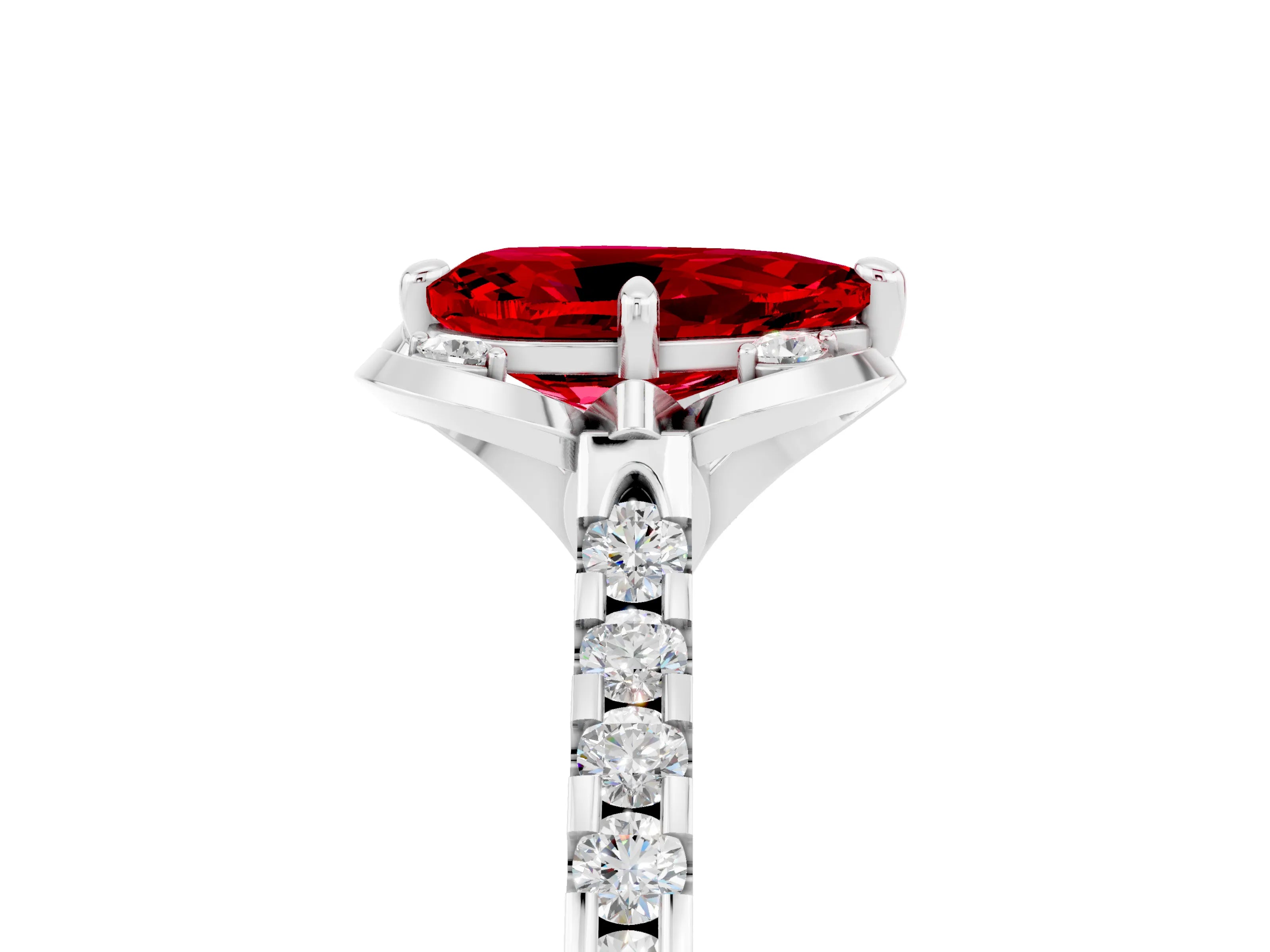 White gold Pear Cut Ruby Ring with Pavé Band and Floral Prong Setting_5