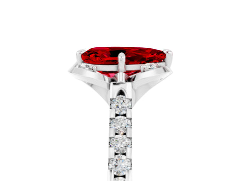 White gold Pear Cut Ruby Ring with Pavé Band and Floral Prong Setting_5