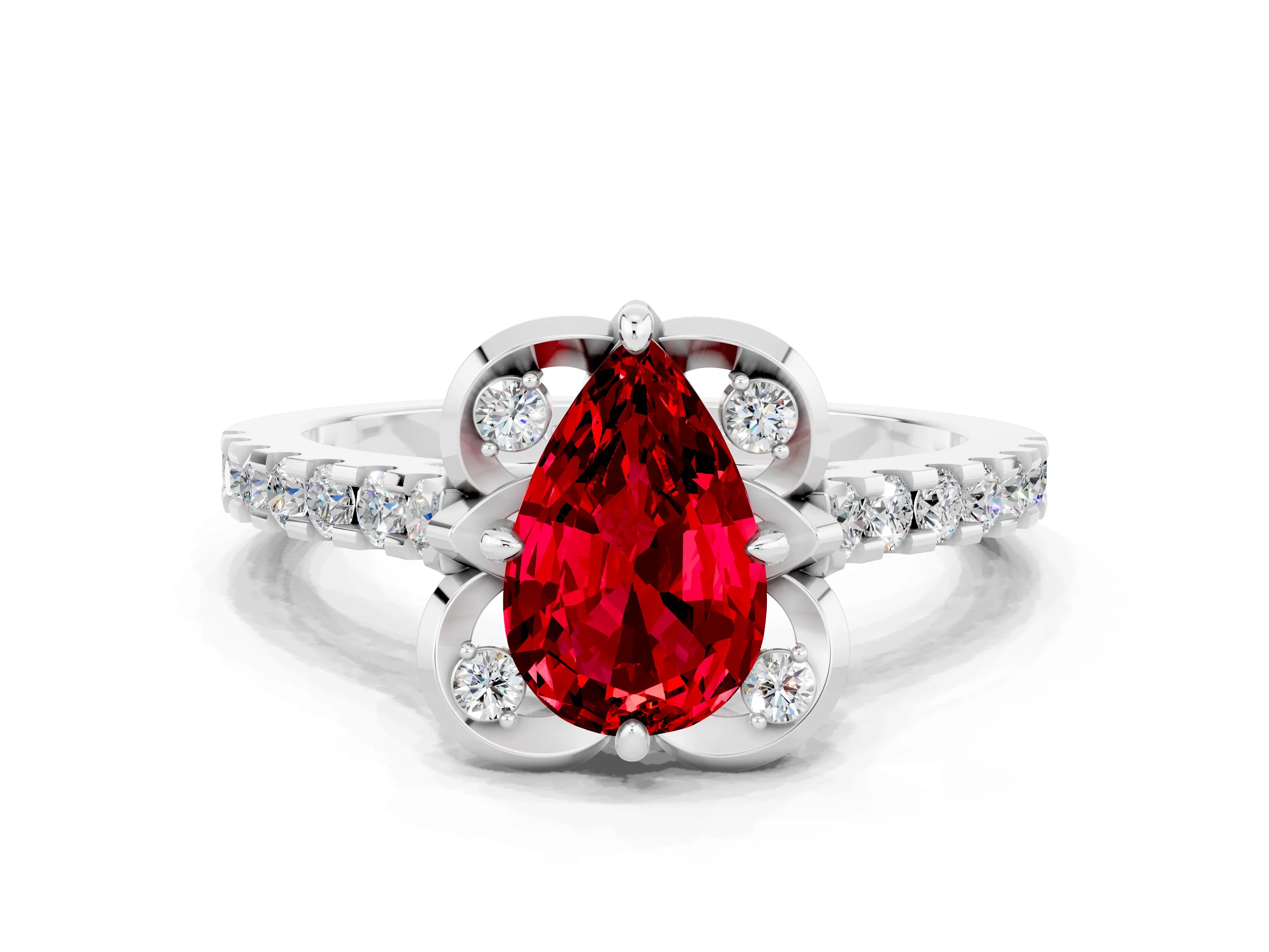 White gold Pear Cut Ruby Ring with Pavé Band and Floral Prong Setting