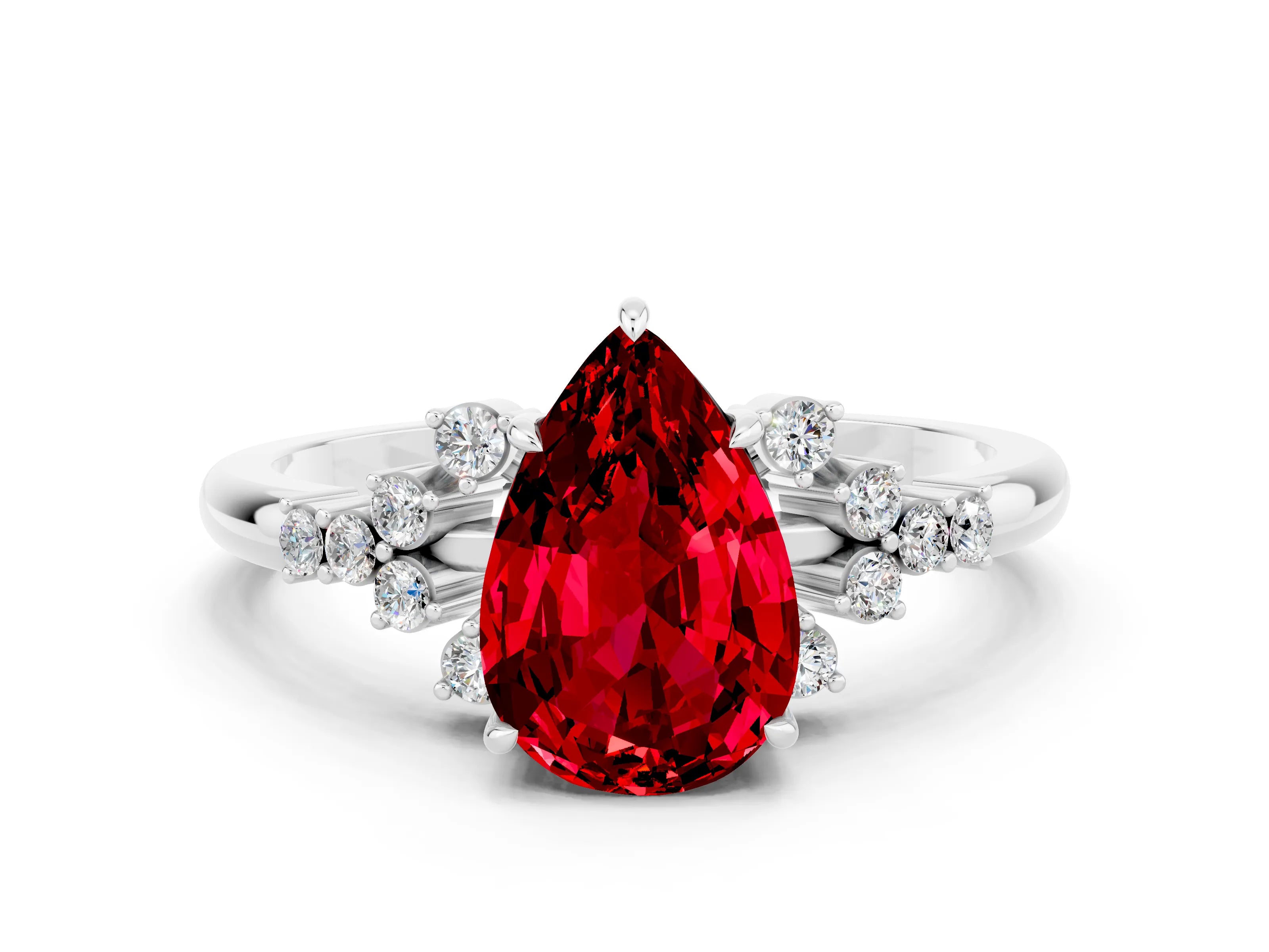 White gold Pear Cut Ruby Ring with Side Stones and Four-Prong Setting_36