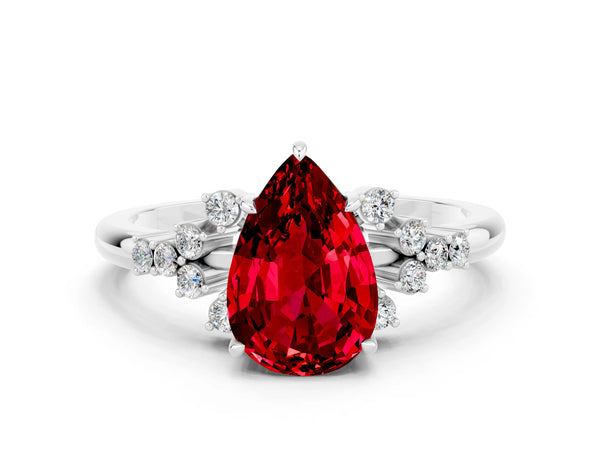 Silver Pear Cut Ruby Ring with Side Stones and Four-Prong Setting