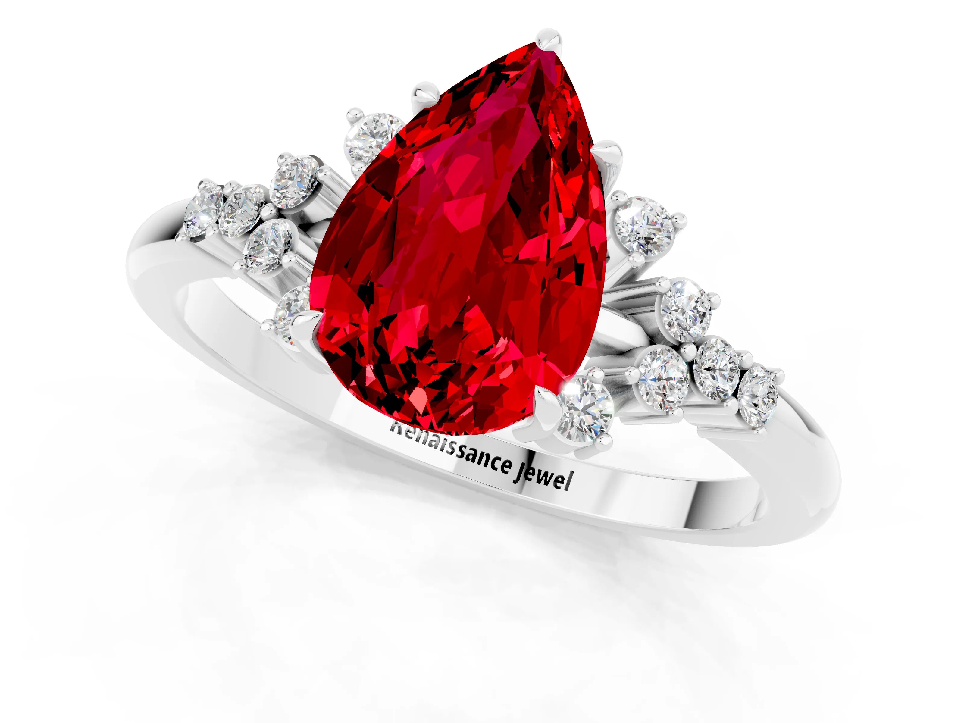 White gold Pear Cut Ruby Ring with Side Stones and Four-Prong Setting_37