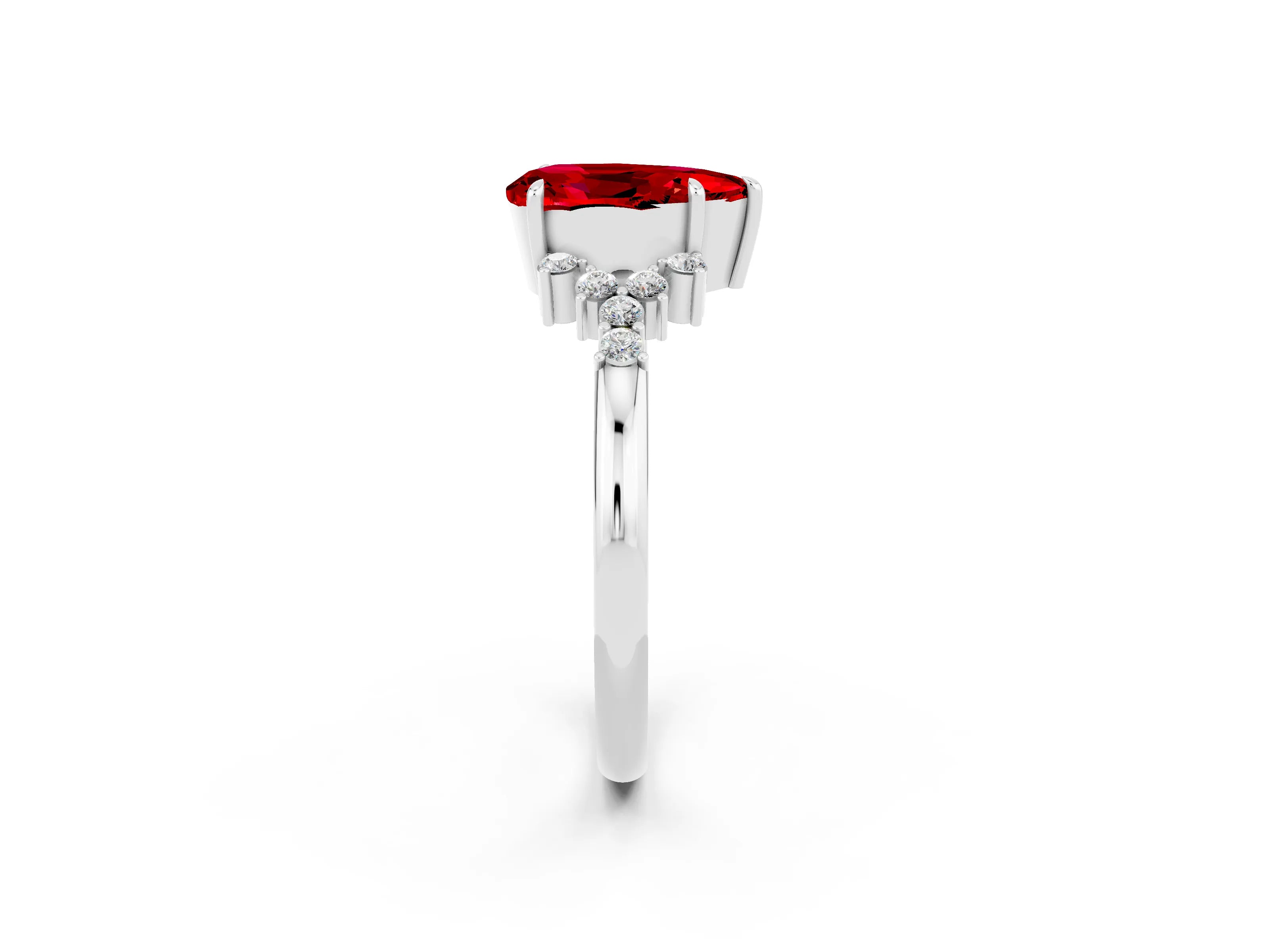 White gold Pear Cut Ruby Ring with Side Stones and Four-Prong Setting_38