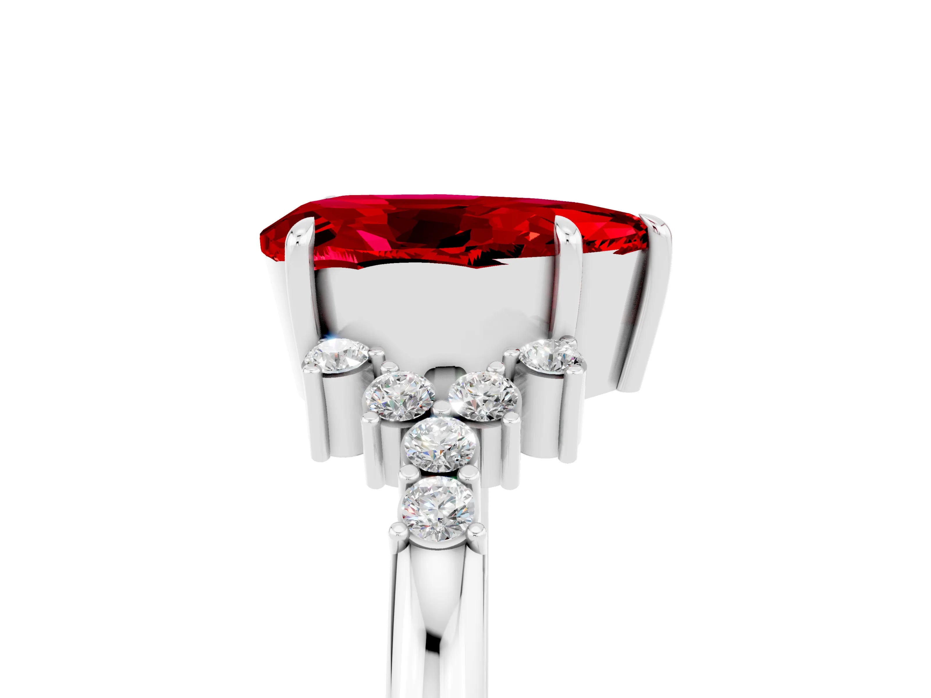 White gold Pear Cut Ruby Ring with Side Stones and Four-Prong Setting_41
