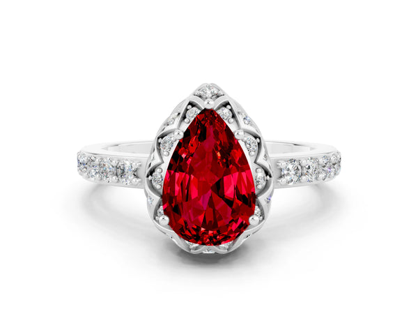 Silver Pear Cut Ruby Scalloped Halo Engagement Ring with Round Shared Prong Band