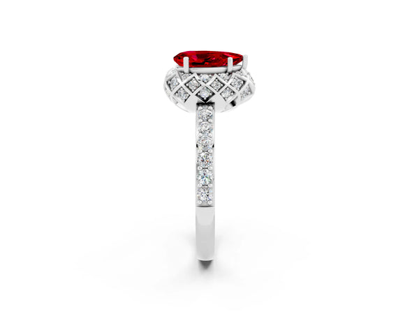 Platinum Pear Cut Ruby Scalloped Halo Engagement Ring with Round Shared Prong Band
