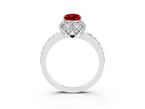 Silver Pear Cut Ruby Scalloped Halo Engagement Ring with Round Shared Prong Band