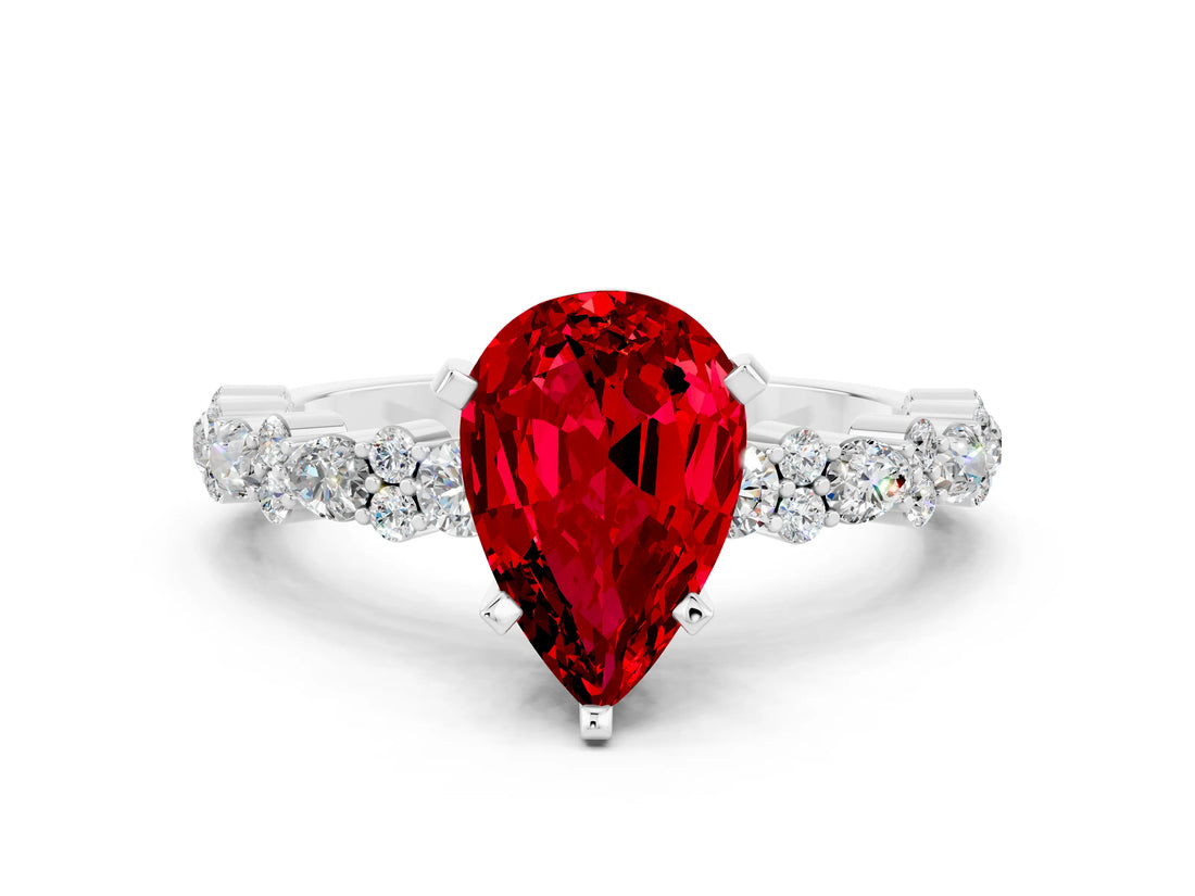 White gold Pear Cut Ruby Side Stone Solitaire Ring with Round  and Four-Prong Setting_36
