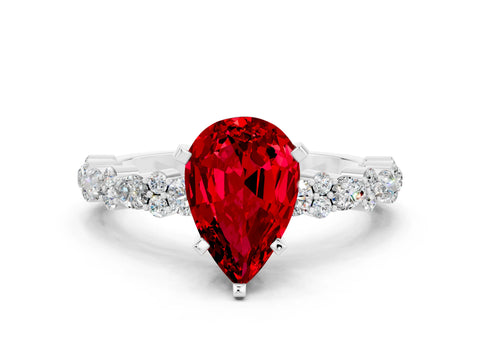 White gold Pear Cut Ruby Side Stone Solitaire Ring with Round  and Four-Prong Setting_36