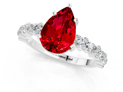 White gold Pear Cut Ruby Side Stone Solitaire Ring with Round  and Four-Prong Setting_37