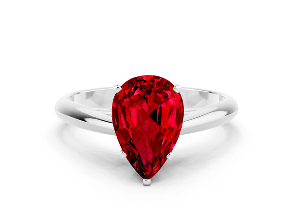 White gold Pear Cut Ruby Solitaire Engagement Ring with Cathedral Setting and Four-Prong Mount