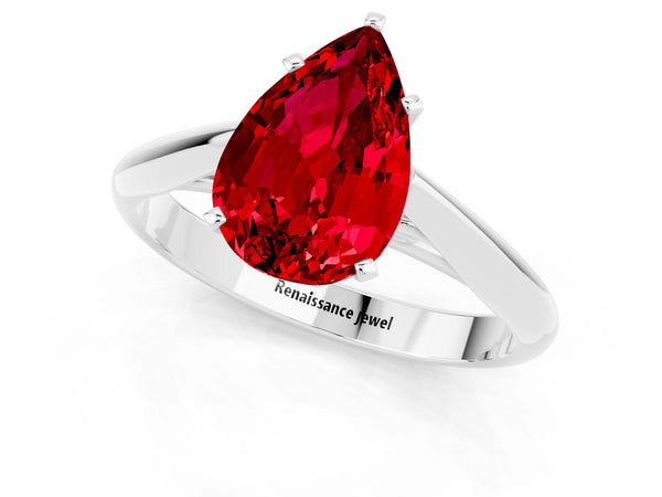 White gold Pear Cut Ruby Solitaire Engagement Ring with Cathedral Setting and Four-Prong Mount
