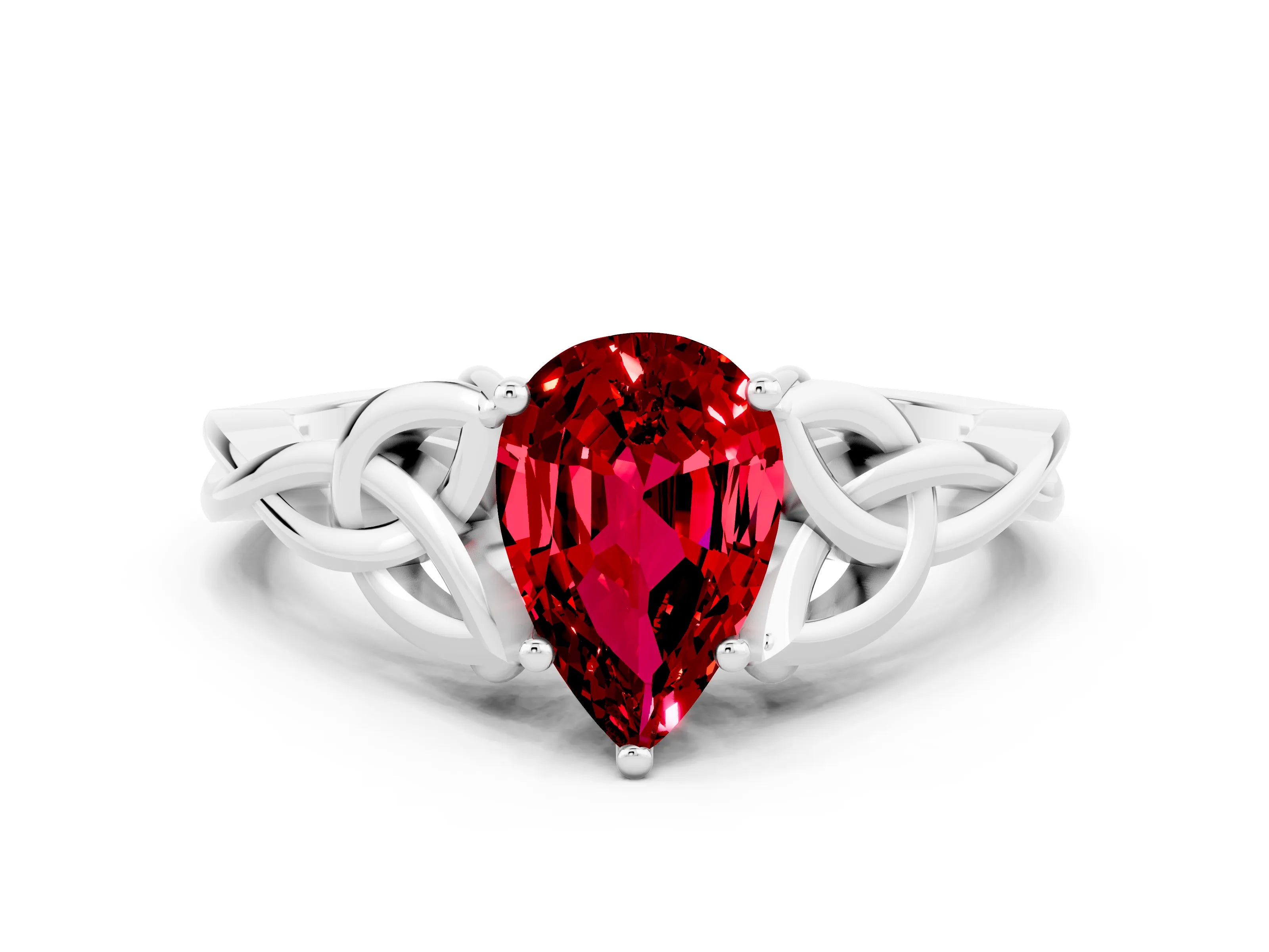 White gold Pear Cut Ruby Solitaire Engagement Ring with Celtic Knot Band and Four-Prong Setting