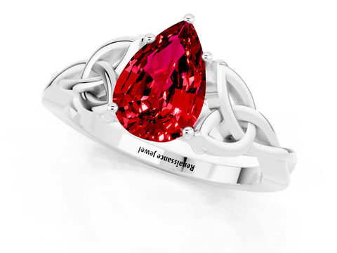 White gold Pear Cut Ruby Solitaire Engagement Ring with Celtic Knot Band and Four-Prong Setting_1