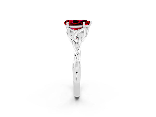 Platinum Pear Cut Ruby Solitaire Engagement Ring with Celtic Knot Band and Four-Prong Setting