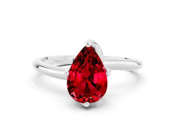 White gold Pear Cut Ruby Solitaire Engagement Ring with Four-Prong Setting and Classic Band