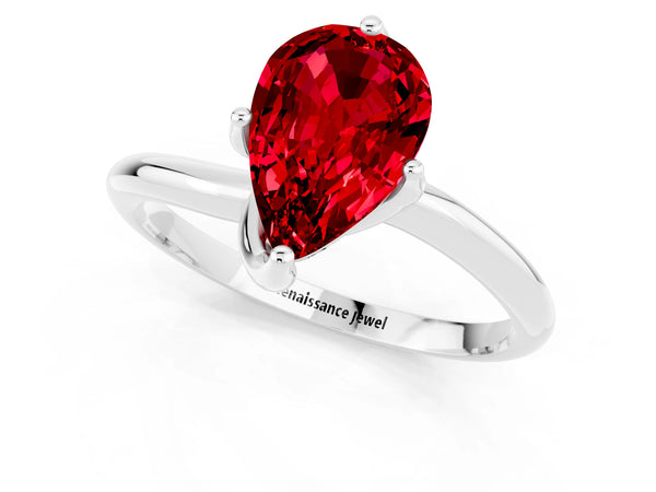 Platinum Pear Cut Ruby Solitaire Engagement Ring with Four-Prong Setting and Classic Band