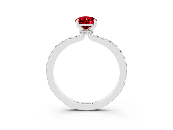 White gold Pear Cut Ruby Solitaire Engagement Ring with Pavé Band and Four-Prong Setting