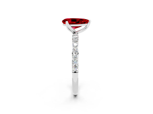 White gold Pear Cut Ruby Solitaire Engagement Ring with Round  Pavé Band and Prong Setting