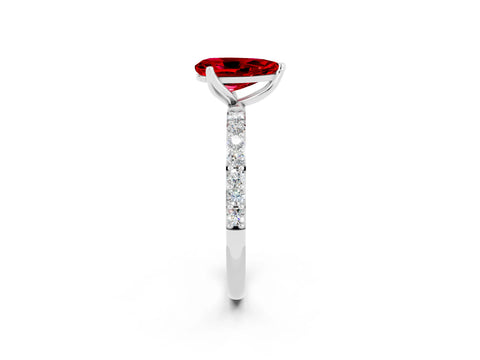 White gold Pear Cut Ruby Solitaire Engagement Ring with Pavé Band and Prong Setting_2