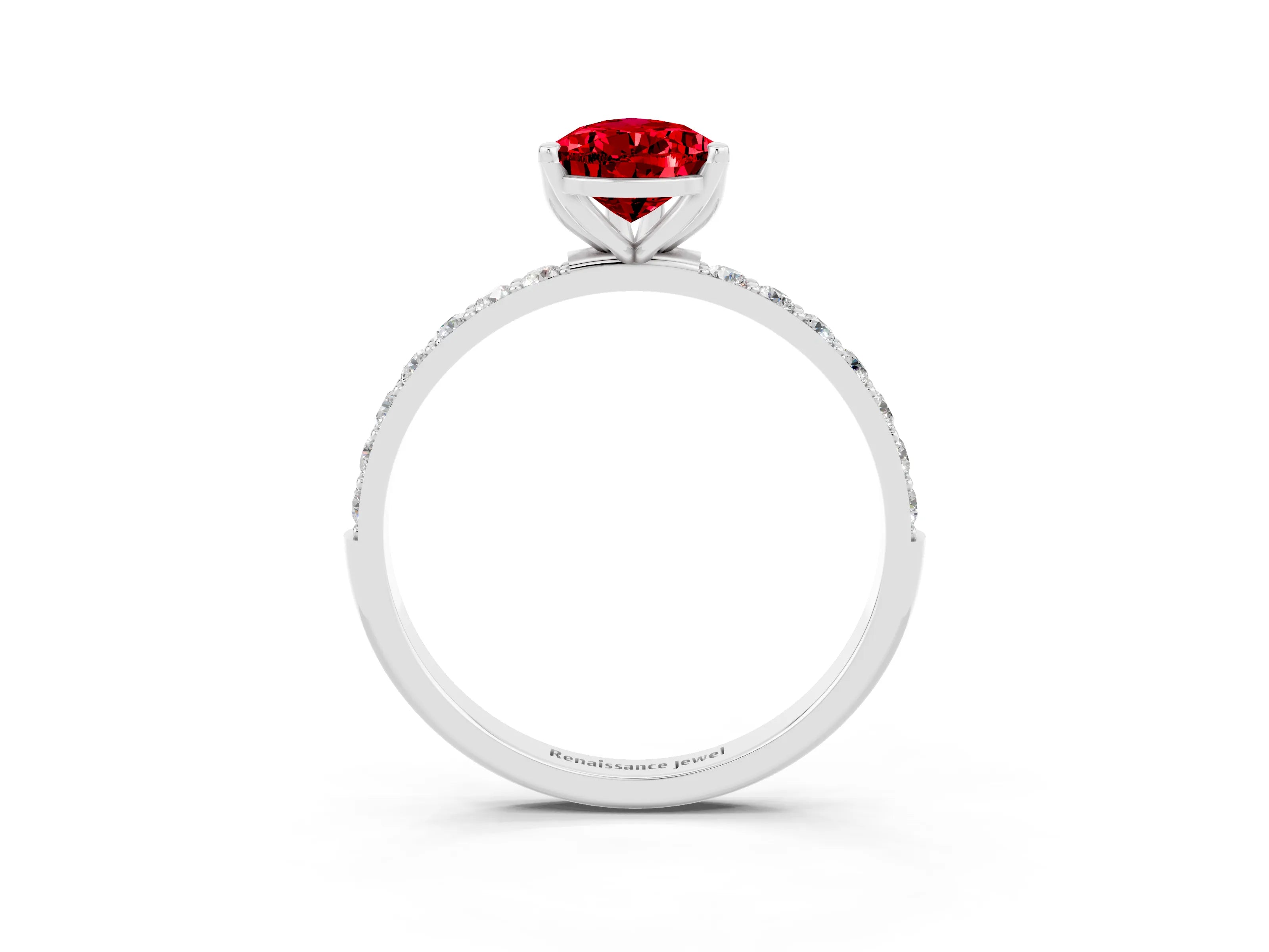 White gold Pear Cut Ruby Solitaire Engagement Ring with Pavé Band and Prong Setting_3