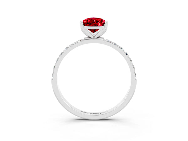 White gold Pear Cut Ruby Solitaire Engagement Ring with Round  Pavé Band and Prong Setting