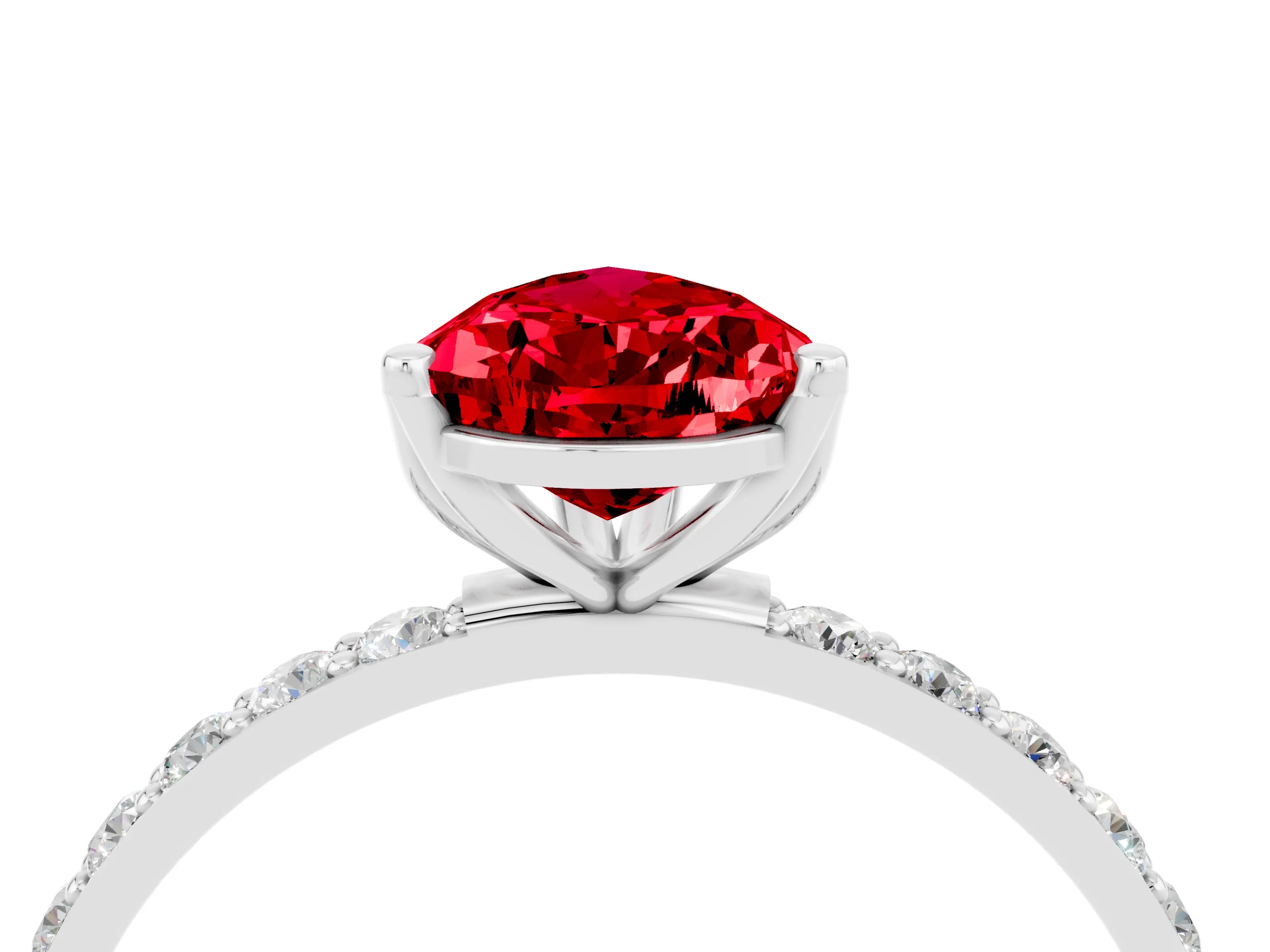 White gold Pear Cut Ruby Solitaire Engagement Ring with Pavé Band and Prong Setting_4