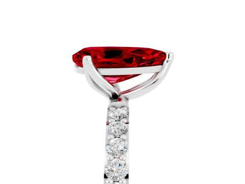 White gold Pear Cut Ruby Solitaire Engagement Ring with Pavé Band and Prong Setting_5