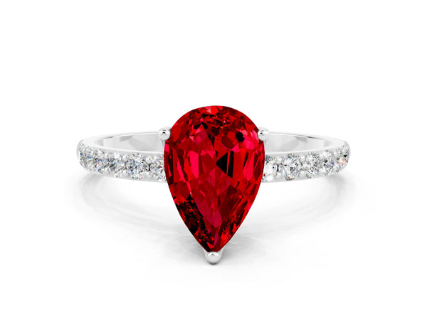 White gold Pear Cut Ruby Solitaire Engagement Ring with Round  Pavé Band and Prong Setting