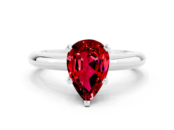White gold Pear Cut Ruby Solitaire Engagement Ring with Round Band and Four-Prong Setting